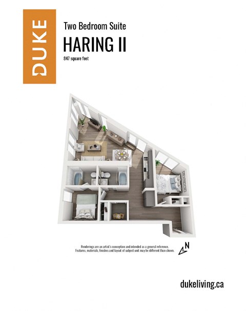Floor plan for 2 beds, 2 baths, 847 sqft